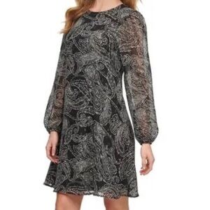 Calvin Klein black white chiffon long sleeve polyester paisley party Size16 NWOT